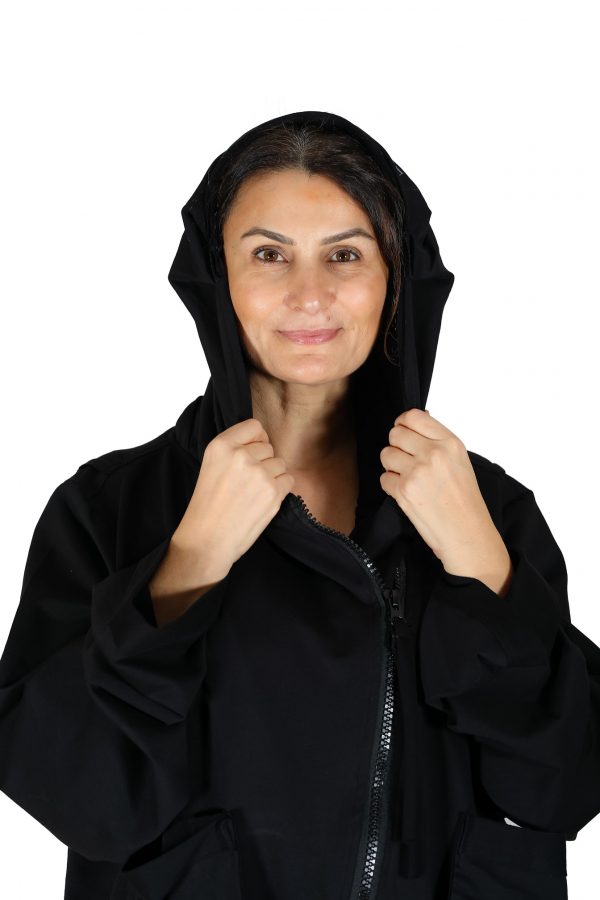 Kapüşonlu, Fermuarlı, Torba Cepli, Uzun Kollu, Siyah Salaş Sweat Hırka