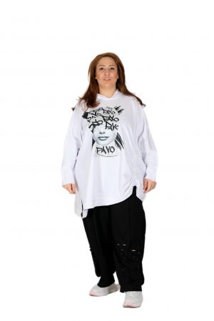 Kapüşonlu, Önü Baskılı, Oversize Beyaz Sweatshirt
