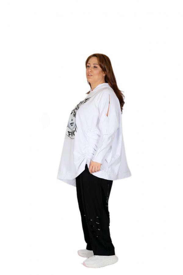 Kapüşonlu, Önü Baskılı, Oversize Beyaz Sweatshirt - Görsel 3