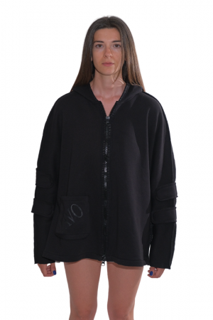 Kapüşonlu, Baskılı, Şardonlu ve Kolları Kalın Şerit Detaylı, Siyah Oversize Sweat Hırka