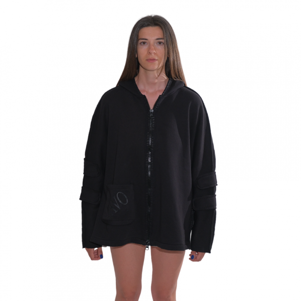 Kapüşonlu, Baskılı, Şardonlu ve Kolları Kalın Şerit Detaylı, Siyah Oversize Sweat Hırka