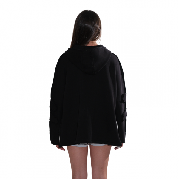Kapüşonlu, Baskılı, Şardonlu ve Kolları Kalın Şerit Detaylı, Siyah Oversize Sweat Hırka - Görsel 5