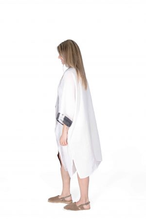 Baskı Detaylı Beyaz Keten Kimono