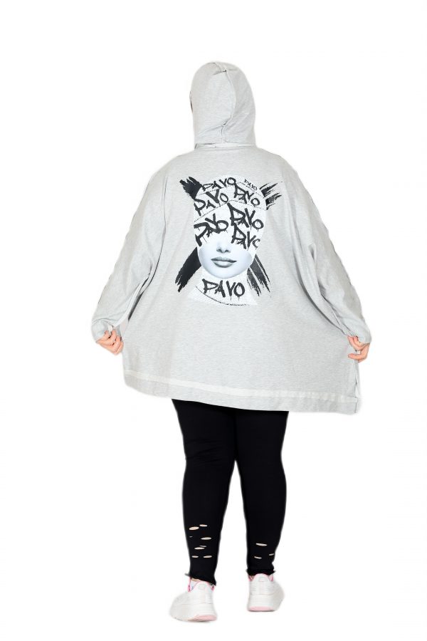 Kapüşonlu, Arkası Baskılı, Oversize Gri Sweatshirt - Görsel 3