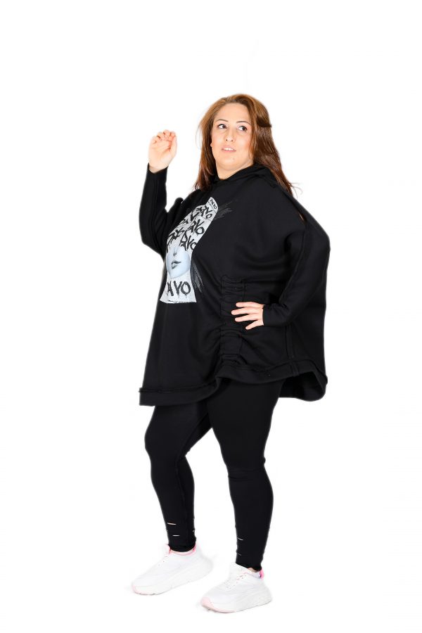 Kapüşonlu, Önü Baskılı, Oversize Siyah Şardonlu Sweatshirt