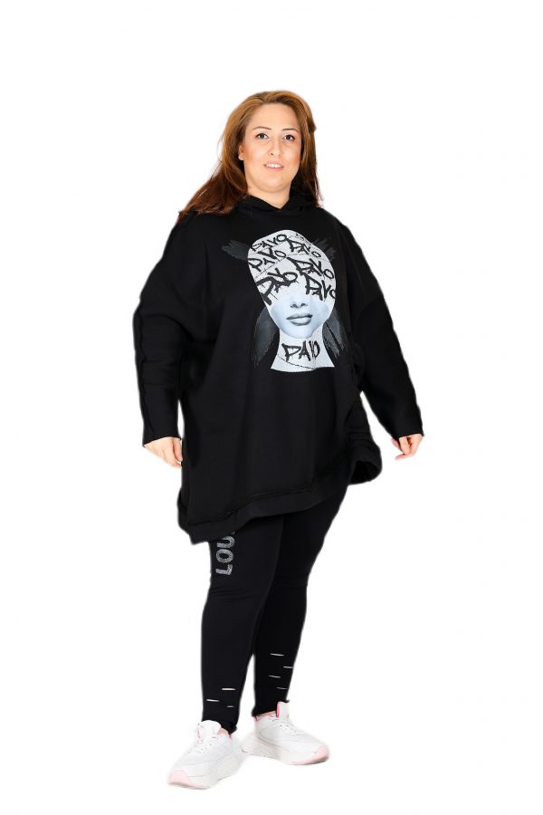 Kapüşonlu, Önü Baskılı, Oversize Siyah Şardonlu Sweatshirt - Görsel 3