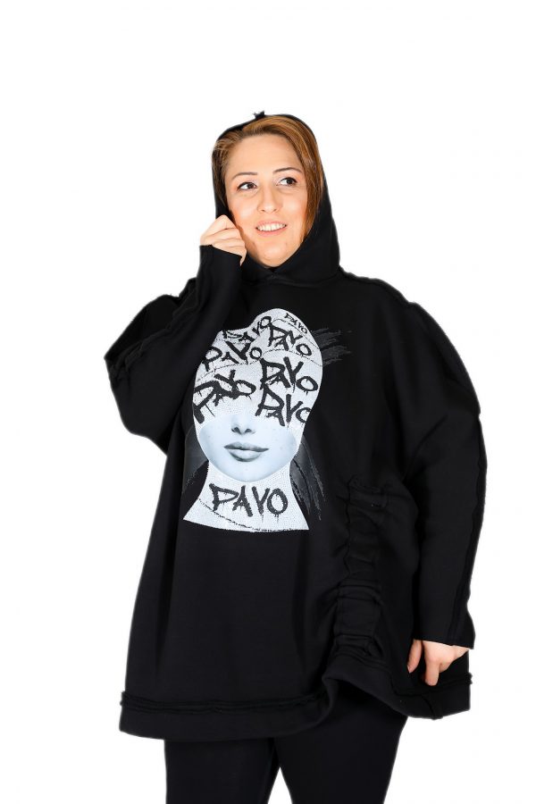 Kapüşonlu, Önü Baskılı, Oversize Siyah Şardonlu Sweatshirt - Görsel 5