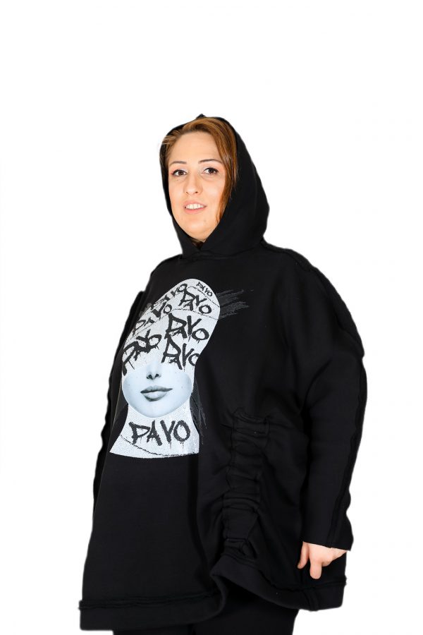Kapüşonlu, Önü Baskılı, Oversize Siyah Şardonlu Sweatshirt - Görsel 2