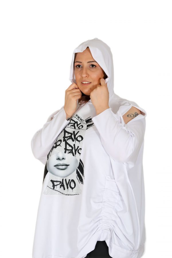 Kapüşonlu, Önü Baskılı, Oversize Beyaz Sweatshirt - Görsel 6