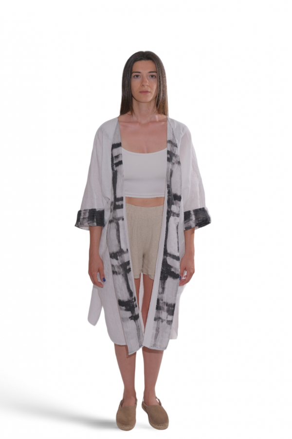Baskı Detaylı, Beyaz Keten Kimono - Görsel 2