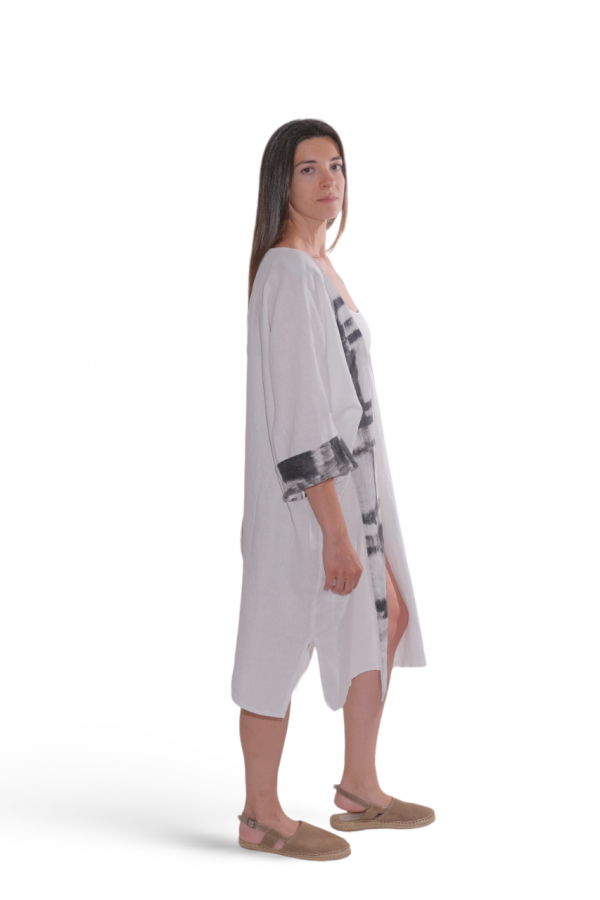 Baskı Detaylı, Beyaz Keten Kimono